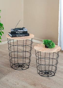 2'li Yuvarlak Sepet Sehpa Siyah Metal Gövdeli Ahşap Tablalı Orta Sehpa